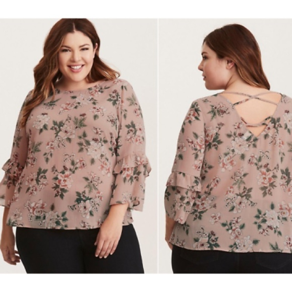 Torrid Sheer Pink Chiffon Ruffle Bell Sleeve Strappy Blouse Top